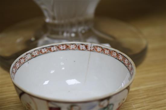 Three 18th century Chinese family rose tea bowls and two saucers, two other teabowls and three wood stands